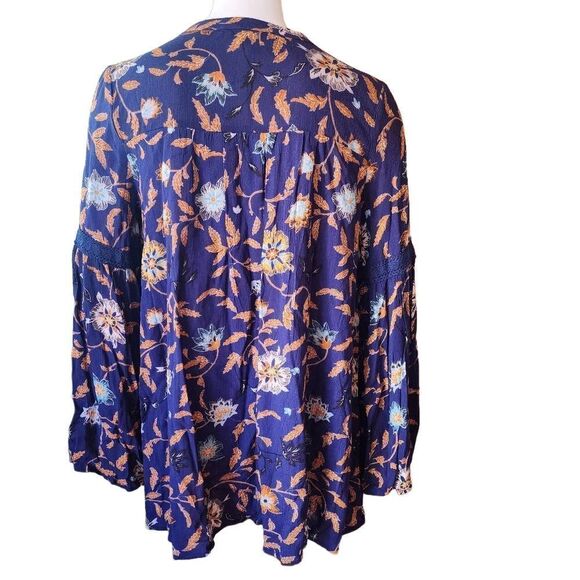NWT I Joah Blue & Orange Floral Long Sleeve Blouse (S) - Picture 4 of 5
